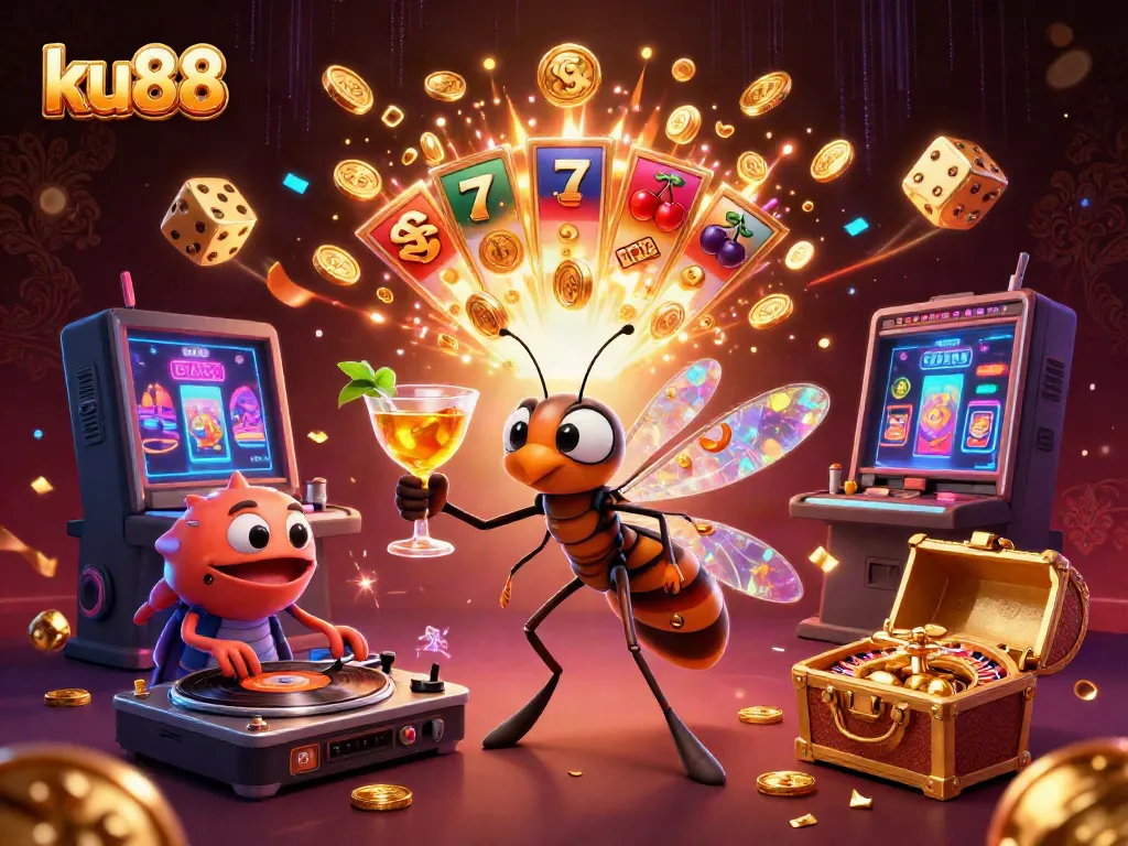 Engage with ku88's ultra-detailed 3D casino scene featuring unique characters and vibrant game elements.