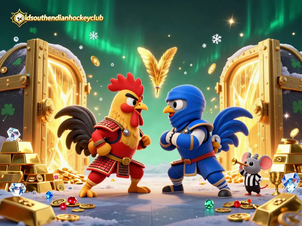 Experience thrilling action with oldsouthendianhockeyclub in a vibrant casino battle scene featuring roosters and treasure.