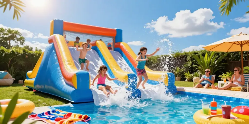 Children enjoying a bright inflatable water slide on a sunny day.