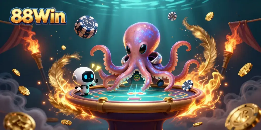 Experience thrilling poker with 88Win's alien octopus mastering the game in an exciting cosmic setting.