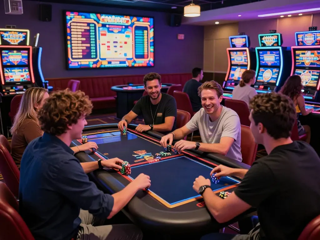 Gamers excitedly enjoying a vibrant casino atmosphere at gem 88.