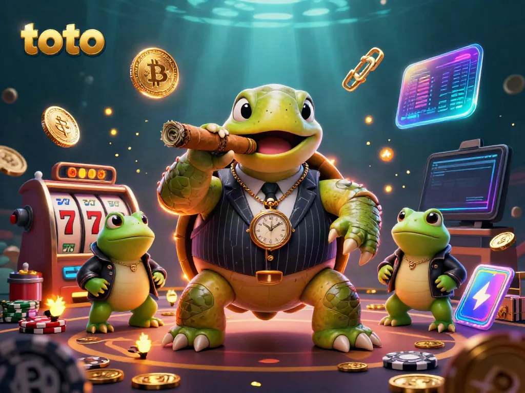Engage in thrilling toto casino games with a cartoon turtle in a mobster suit surrounded by vibrant slot elements.