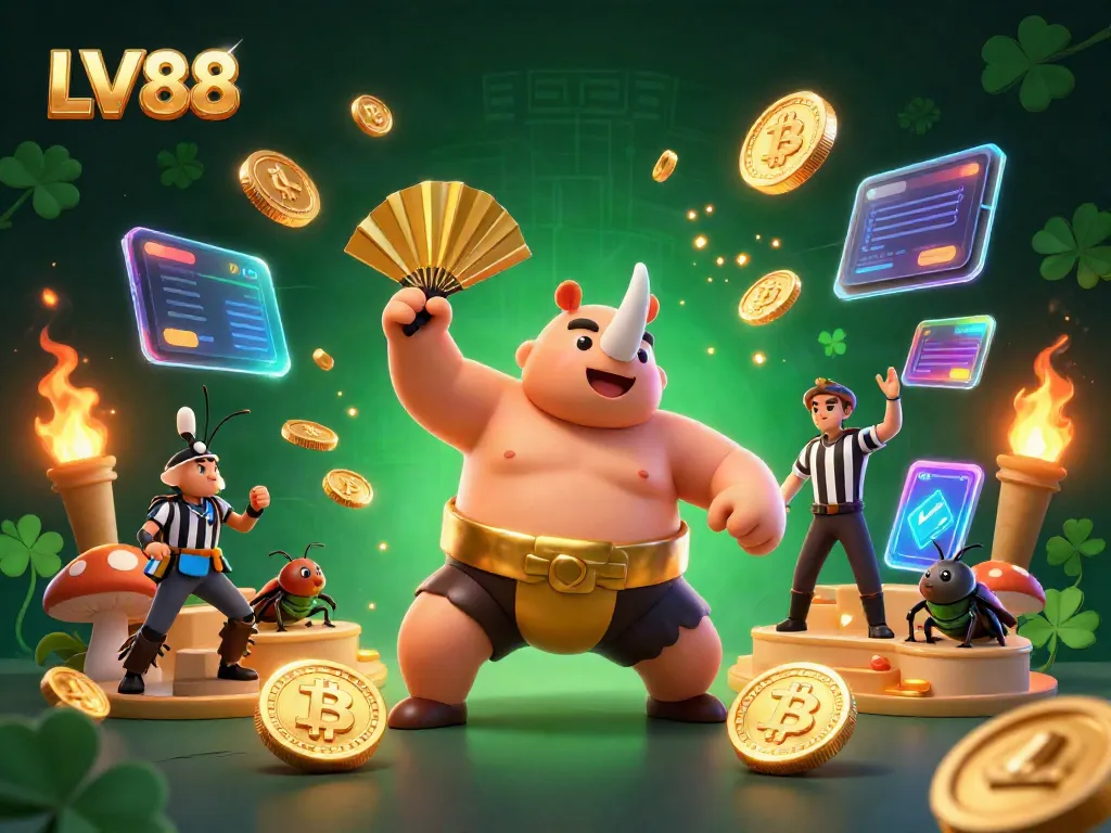 Experience exciting gameplay with LV88's vibrant 3D cartoon illustration featuring a champion beetle and crypto elements.