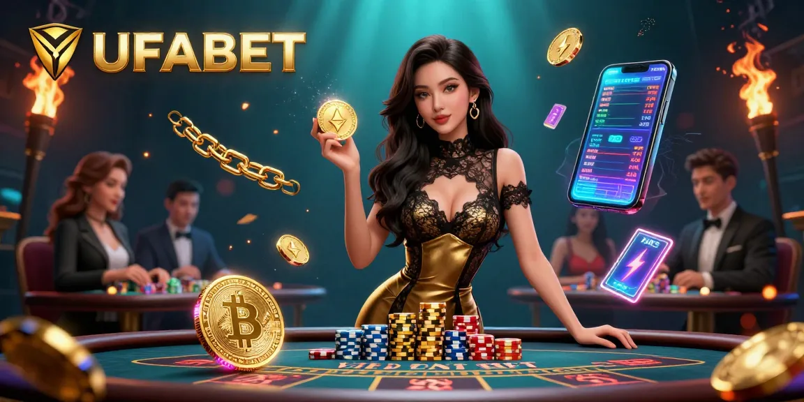 Experience high-stakes gaming at UFABET with luxurious baccarat tables and crypto elements.