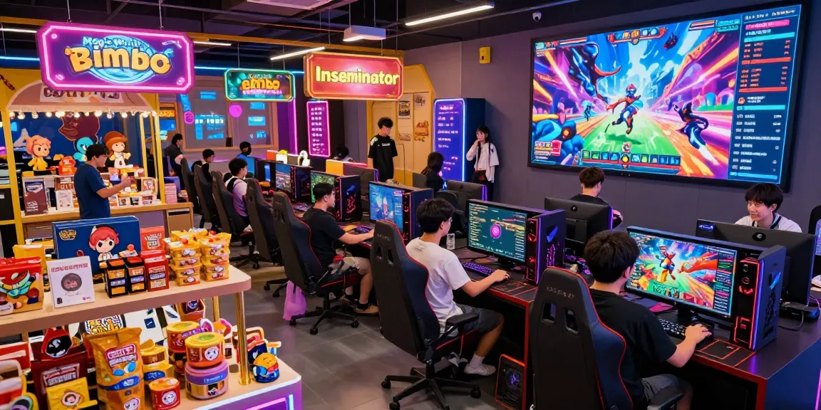 Engaging ecchi game scene showcasing characters and vibrant gaming atmosphere with colorful promotional displays.