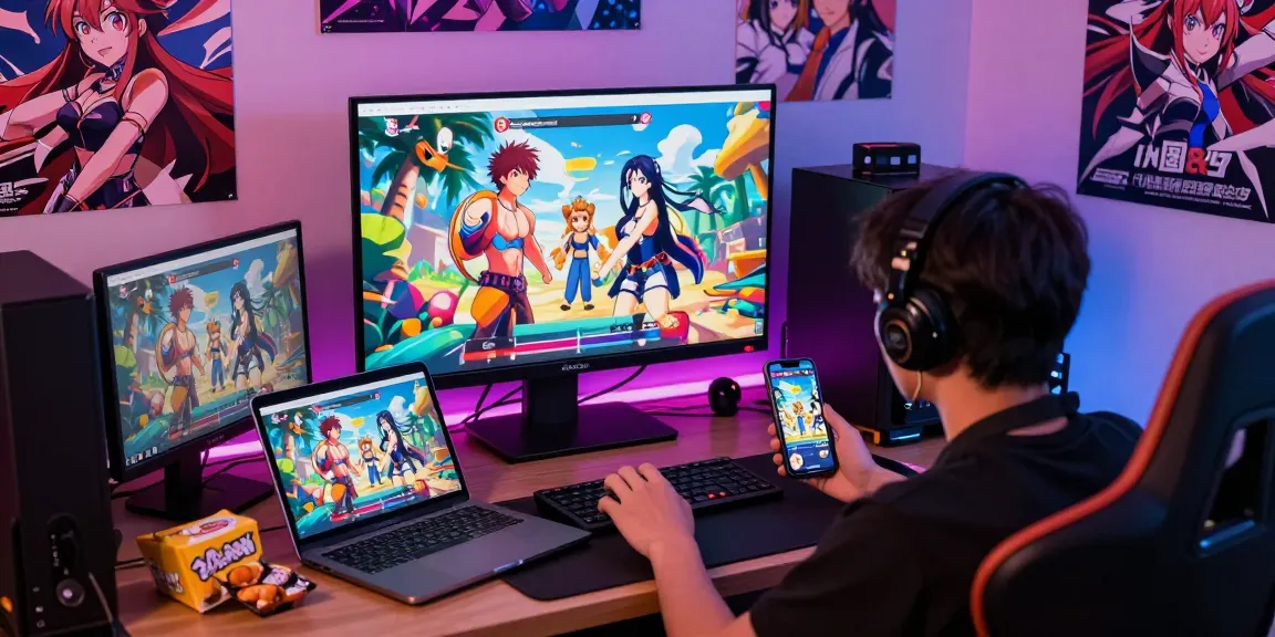 Player enjoying a vivid hentai game on multiple devices in an engaging digital environment.