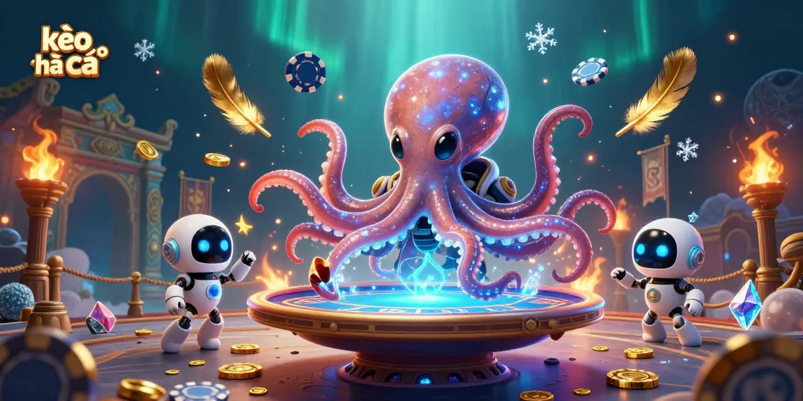 Experience kèo nhà cái betting with an alien octopus at a futuristic poker table surrounded by rich casino elements.