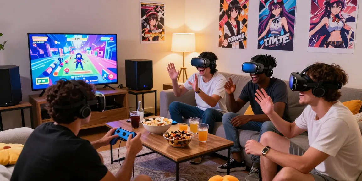 Friends enjoying ecchi games together in a vibrant, cozy living room.