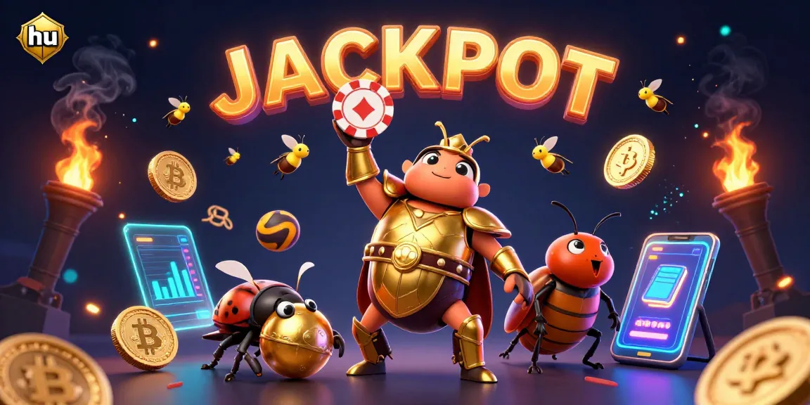 Experience hu's thrilling jackpot scene with heroic beetles lifting poker chips in a vibrant casino atmosphere.