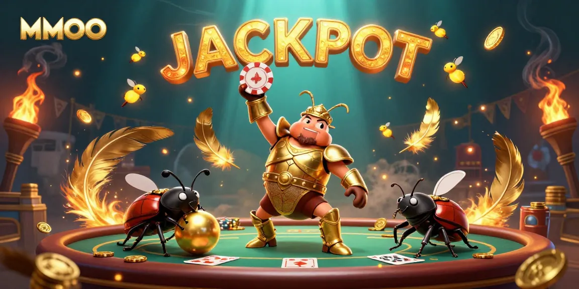 MMOO celebrates a jackpot with vibrant 3D beetles in a poker-themed casino scene.