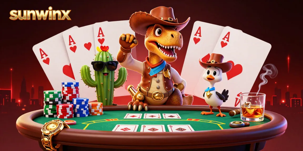 Engage with sunwinx by navigating the vibrant casino scene featuring card games and animated characters.