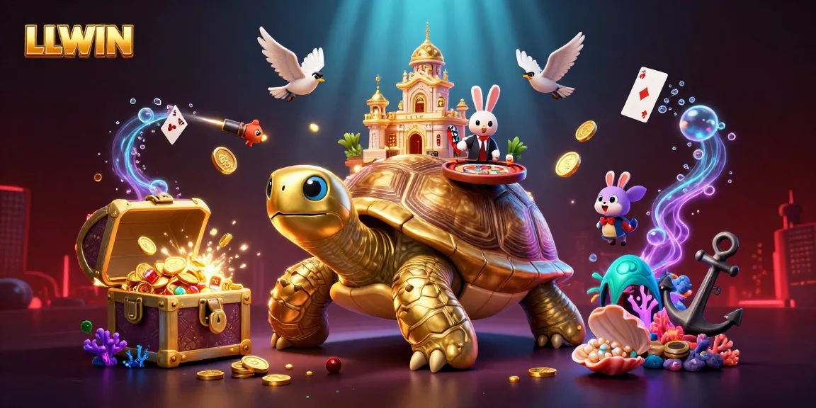 Experience rich gameplay at LLWIN as a giant golden tortoise hosts a rabbit dealer in a casino.