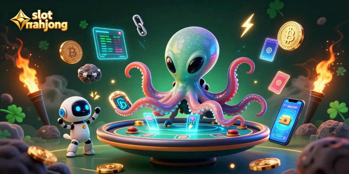 Engage with slot mahjong as an alien octopus runs a poker table amidst crypto coins and vibrant gaming elements.