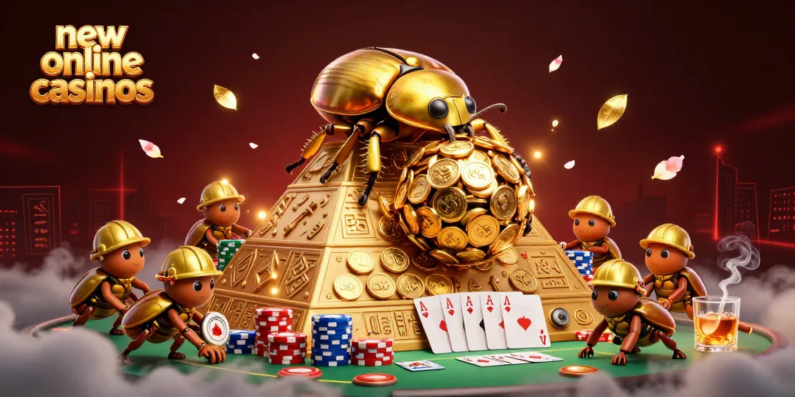 Experience new online casinos with vibrant gaming action featuring golden coins and poker elements.
