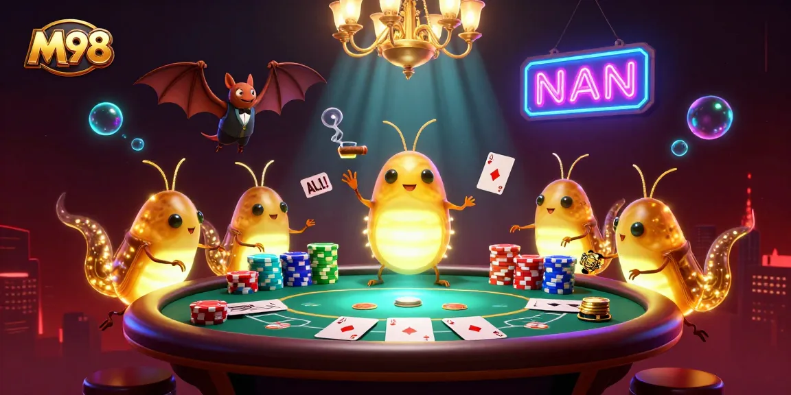 M98 players enjoying vibrant poker action in a colorful casino scene illuminated by glowworms.