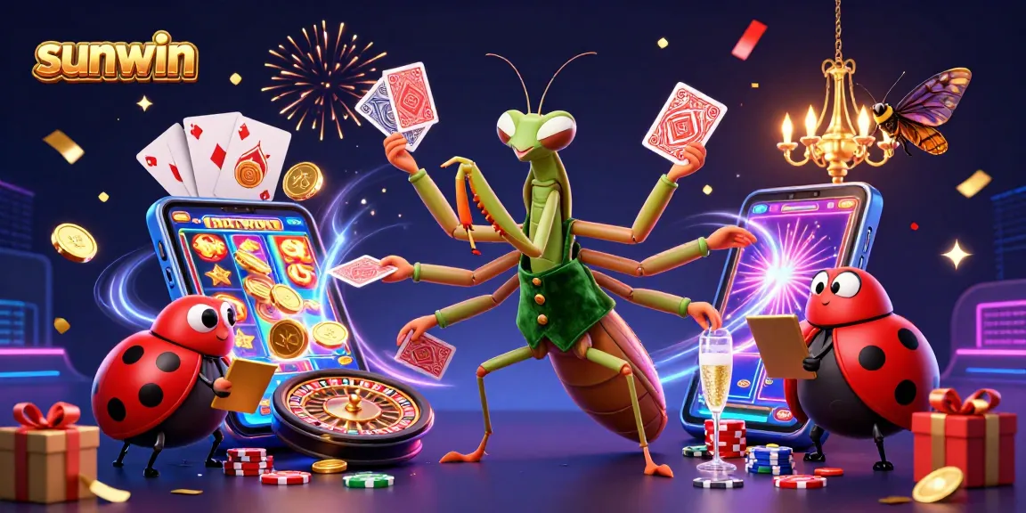 Experience sunwin's vibrant gaming scene with a giant praying mantis and ladybug characters in a dynamic casino atmosphere.