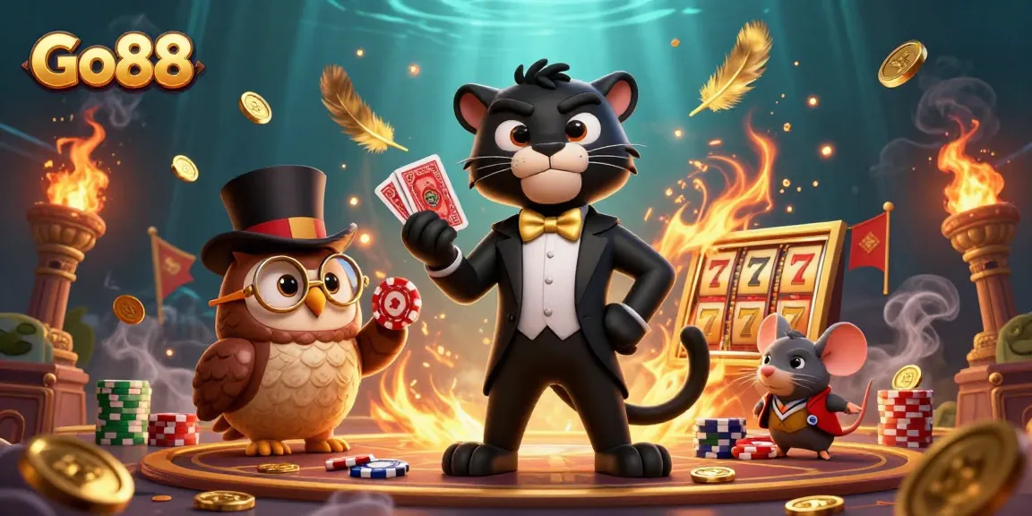 Go88 slots come alive with a charming panther dealing cards and owl holding poker chips